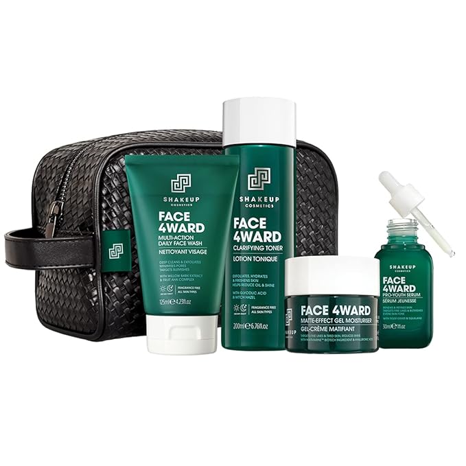 Shakeup - Mens Skincare Routine with Wash Bag, Gift Set, Daily Face Wash, Clarifying Toner, Anti Ageing Serum, Matte-Effect Moisturiser, Plus Wash Bag-VivaGrace Women