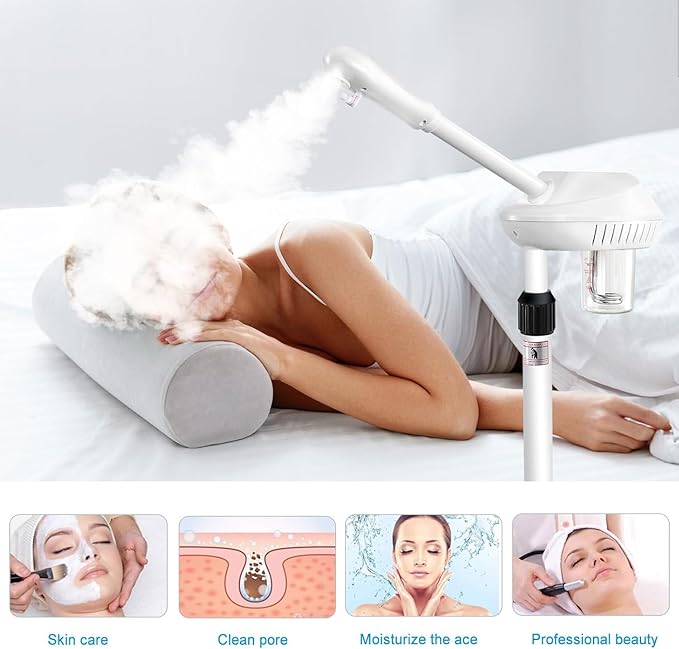 Professional Facial Steamer on Wheels, Esthetician Steamer with Hot Ozone Mist, Stand Face Steamer for Facial Deep Cleaning, Steamer for Facial for Personal Care or Spa, White-VivaGrace Women