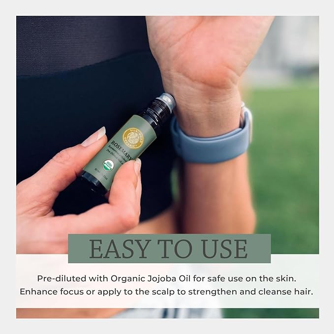 Silk Road Organic Rosemary Essential Oil & Jojoba Roll On, 100% Pure USDA Certified Aromatherapy to Improve Memory & Focus & Hair Health - 10 ml Roller-VivaGrace Women