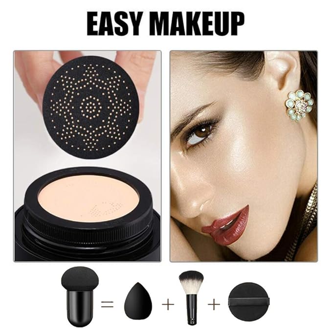 Air Cushion CC Cream Mushroom Head Cushion Foundation, BB Cream Face Makeup for Mature Skin Moisturizing Concealer Brighten Long-Lasting, Even Skin Tone for All Skin Types (Buff Beige)-VivaGrace Women