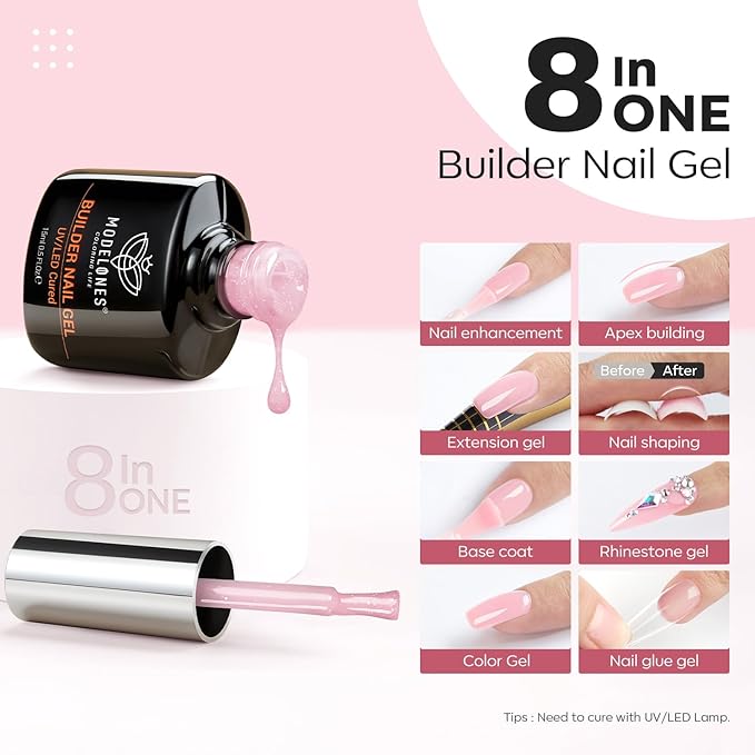 modelones Builder Nail Gel, 8-in-One Nude Pink Glitter Builder, Rainbow Iridescent Shimmer Nail Gel Polish, Jelly Pink Sparkle LED Lamp Cured Hard Rubber Color Base for Home DIY Salon Girls-VivaGrace Women