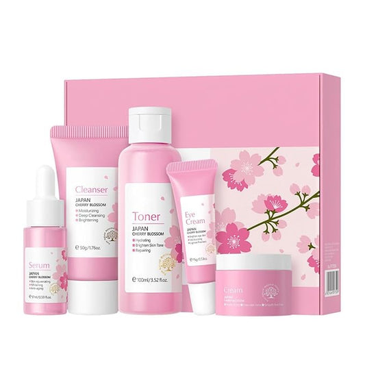 Greyghost Skin Care Set for Teenage Girls Women, 5 Pcs Cherry Blossom Skincare Set - Cleanser, Toner, Serum, Eye cream, Cream, Gentle Skin Cleaning & Care Gift Set, Travel Size Skin Care Set-VivaGrace Women