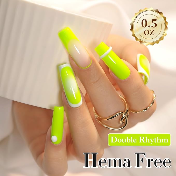 Double Rhythm 0.50 OZ Gel Polish Same Color Same Bottle Golden Round Hema Free Neutral Natural Milky 15 ML Jelly UV Polish Art DIY at Home (Neon Green-C1305)