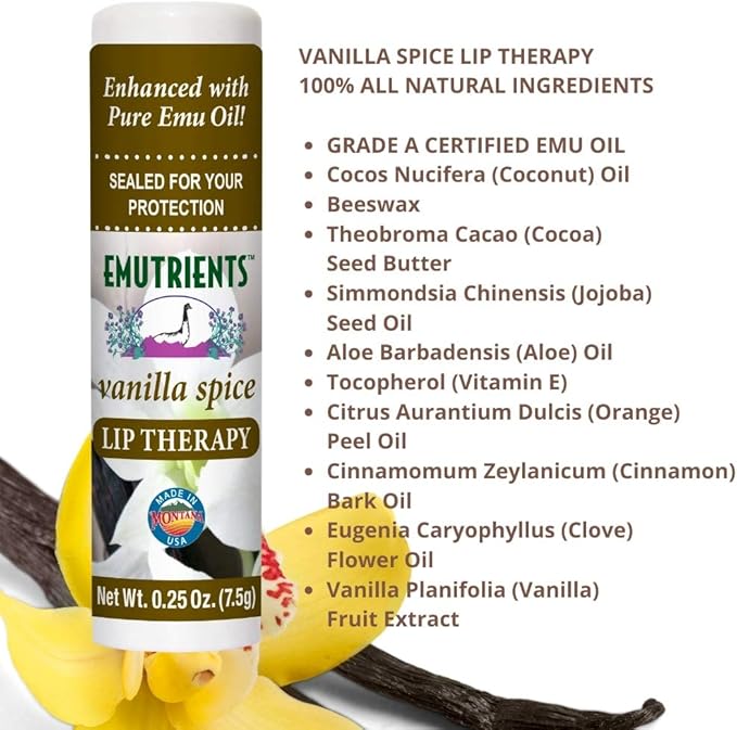 Montana Emu Ranch - Lip Therapy Lip Balm - 0.25 Ounce - Vanilla Spice Flavor - 3 Pack - Made with Pure Emu Oil-VivaGrace Women