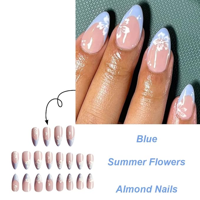 Blue French tips Press on Nails Medium Almond Fake Nails with Design White Flower Glue on Nails Glossy Spring Nails Reusable Summer False Nails for Women Girls Manicure 24pcs