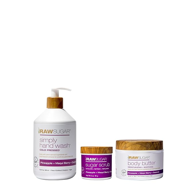 Raw Sugar Pineapple + Maqui Berry + Coconut Hand Soap, Body Scrub & Body Butter Bundle, Body Care for Dry Skin, Exfoliate and Moisturize, Hand Wash + Body Care - Formulated without Sulates and Paraben-VivaGrace Women