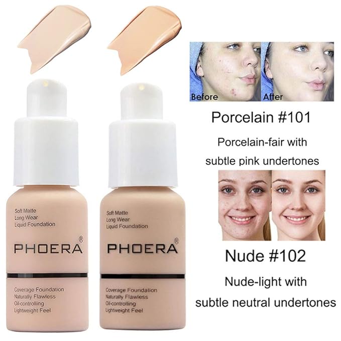 2 Pcs Liquid Foundation 101 and 102 with Kabuki Foundation Brush Flat Top,Full Coverage Foundation Makeup Set,30ml 24HR Matte Oil Control Concealer(Porcelain & Nude)-VivaGrace Women