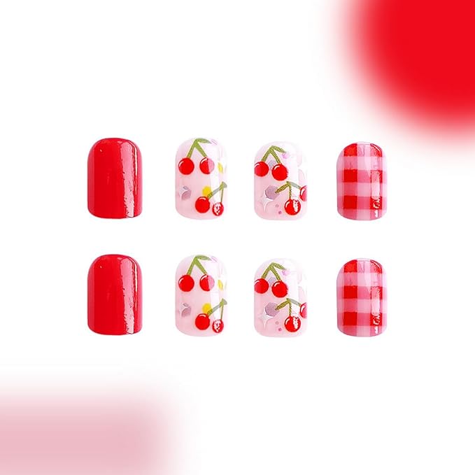OCOUYVD 24 Pcs Extra Short Press on Nails Square False Nails with Red Cherry Designs Square Fake Nails Cute False Nails Glue on Nails Summer Acrylic Nails Fruit Stick on Nails for DIY Nail Art