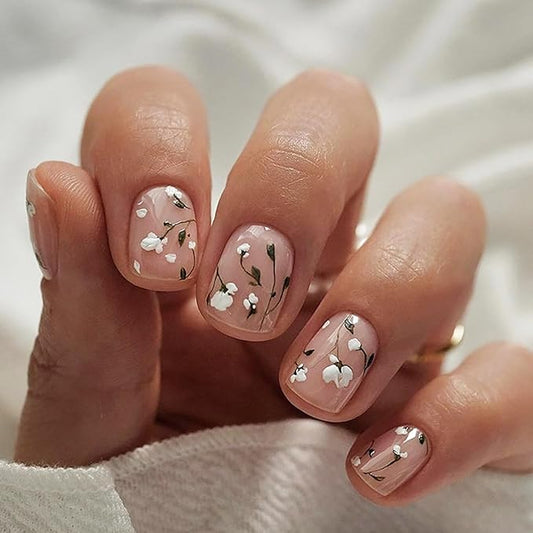 Flower Fake Nails Short Square Press on Nails Cute Acrylic Nails Cotton Flowers Glue on Nails Nude Full Cover Coffin False Nails Glossy Stick on Nails White Floral Nails for Women Manicure 24Pcs