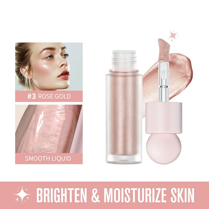 Liquid Highlighter Natural Glow For Face & Body, Waterproof Moisturizing Light Liquid Luminizer For Long Lasting Shimmer, Contour Highlighter Stick Easy to Apply with Cushion Applicator (#3 Rose gold)-VivaGrace Women