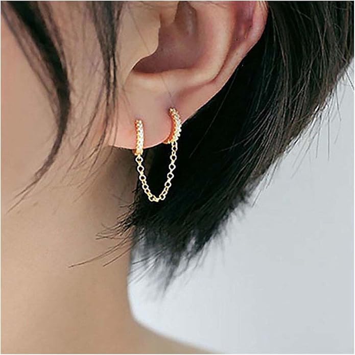Boho Double Chain Hoop Earrings Gold Cz Hoop Chain Earrings Punk Dangle Chain Earrings Rhinestone Huggies Studs Earrings Jewelry for Women and Girls Gifts-VivaGrace Women