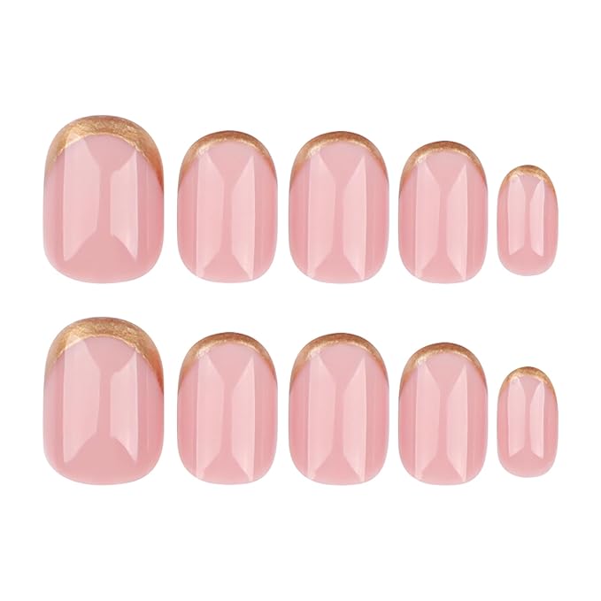 Pink Press On Nails Short Round, Gold Glitter Reverse French Design Short False Nails, Reusable Stick On Fake Nails with Glue For Women, 12 Sizes-24 Salon Quality Nail Kit, Gift for Woman