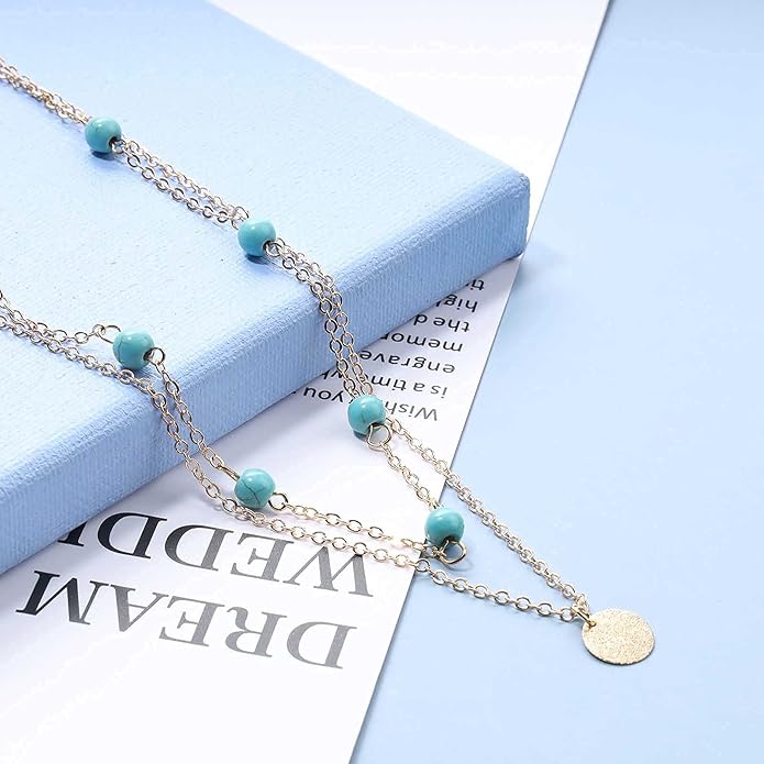 Boho Layered Coin Turquoise Necklace Gold Hammered Coin Disc Pendant Necklace Vintage Necklace Chain Jewelry for Women-VivaGrace Women