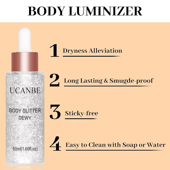 UCANBE Highlighter Makeup Drops Body Glitter Dewy Liquid Face Glow Shimmer for Women Holographic Luminizer Sparkles for Face (Silver Fairy White - 02)-VivaGrace Women