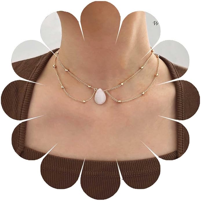 Layered Teardrop Pendant Necklace Teardrop Natural Stone Necklace Teardrop Gemstone Necklace Chain White Teardrop Necklace Choker Gold Satellite Chain Necklace Jewelry for Women and Girls-VivaGrace Women