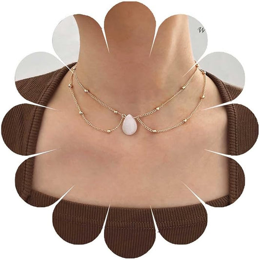 Layered Teardrop Pendant Necklace Teardrop Natural Stone Necklace Teardrop Gemstone Necklace Chain White Teardrop Necklace Choker Gold Satellite Chain Necklace Jewelry for Women and Girls-VivaGrace Women