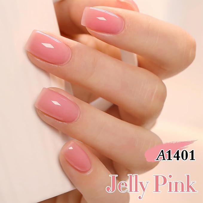 Double Rhythm 0.50 OZ Gel Polish Hema Free Same Color Same Bottle Golden Round Translucent Neutral Natural Milky 15 ML Jelly UV Polish Art DIY at Home (Jelly Pink-C1401)