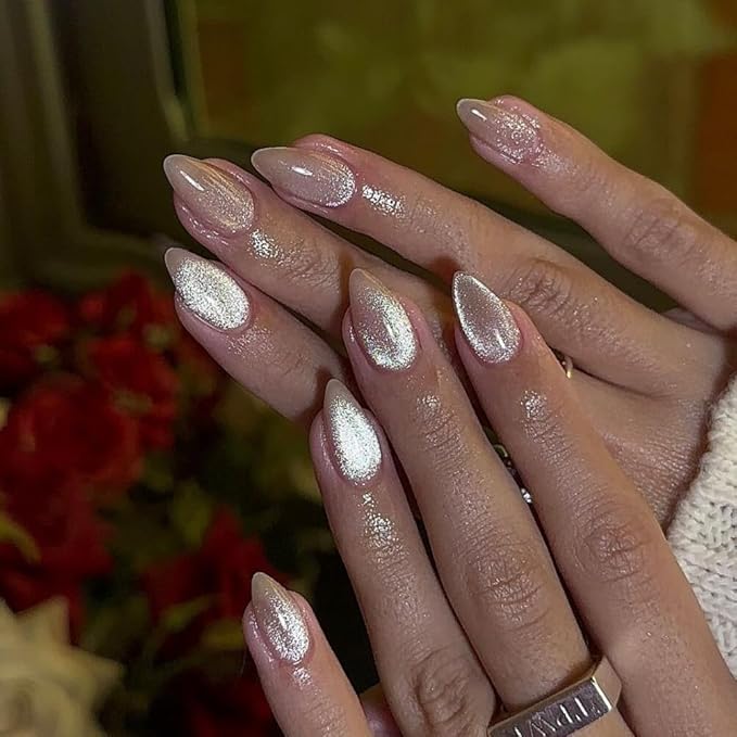 KQueenest Glitter Cat Eye Press on Nails Medium Short Almond, 30 Pcs Thick Cute Acrylic Nails Press on, Gel Fake Nails Short with UV Coating, Reusable Glue on Nails for Women Daily Wear, Nude Sparkle