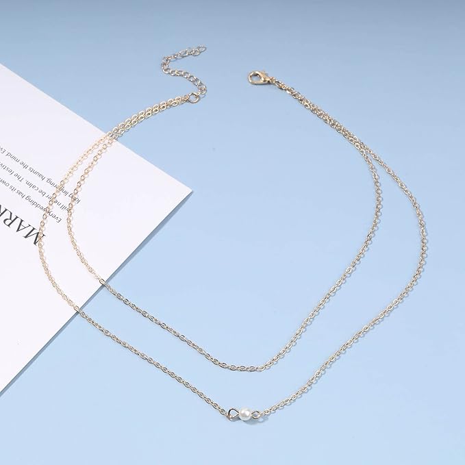Boho Layered Pearl Choker Necklace Gold Pearl Pendant Necklace Tiny Dot Layering Necklace Vintage Necklace Chain Jewelry for Women and Girls Gifts-VivaGrace Women