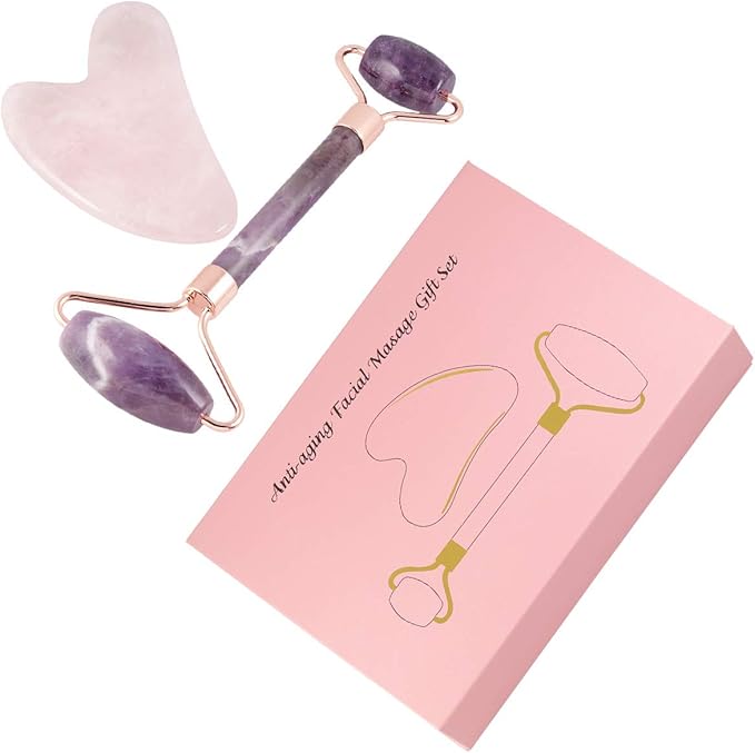 mookaitedecor Amethyst Roller & Rose Quartz Gua Sha Scraping Massage Tool Set, Face Massager for Wrinkles, Anti Aging-VivaGrace Women