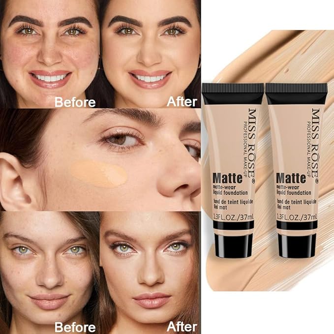2 Pack Liquid Foundation Cream for Face Makeup,Durable Full Coverage Matte Concealer Make Up,Oil Control & Waterproof Base Primer -1+1 Fl.Oz (BEIGE 3#)-VivaGrace Women