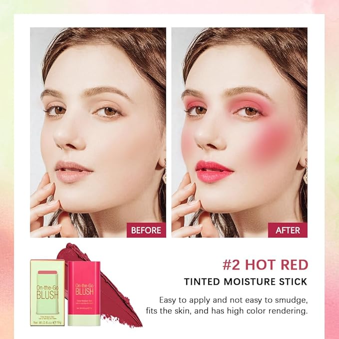 Soft Creamy Blush Stick,On-the-Go Blush,2-in-1 Cheek and Lip Tint,Waterproof Hydrating Solid Natural Moisture Smooth Blendable Matte Finish Face Blush Makeup,02 hot red-VivaGrace Women