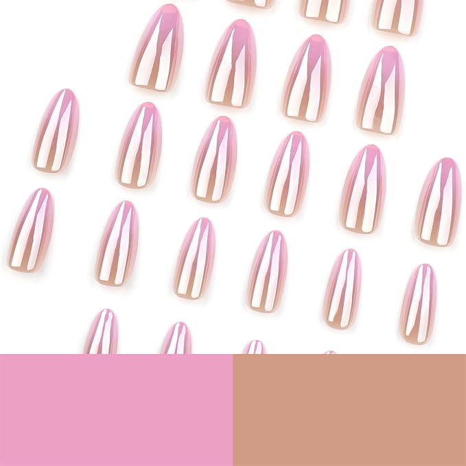 Ombre Pink Chrome Press on Nails Almond Medium Fake Nails with Mirror Designs Glossy Glue on Acrylic False Nails for Women and Girls
