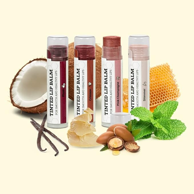 Tinted Lip Balm by Earth’s Daughter – 4 Pack of Assorted Colors – Beeswax, Coconut Oil, Cocoa Butter, Vitamin E – Moisturize and Beautify – Paraben Free-VivaGrace Women