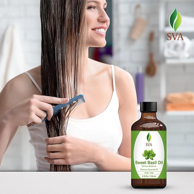 SVA Sweet Basil Essential Oil – 4 Fl Oz – 100% Natural Basil Oil - for Diffuser, Hair Care, Face, Skin Care, Aromatherapy, Scalp and Body Massage, Soap and Candle Making – with Dropper-VivaGrace Women