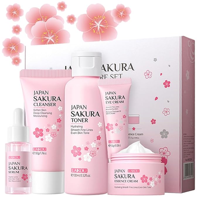 Sakura Skincare Gift Set, Skin Care Travel Kit with Cleanser, Toner, Serum, Eye Cream, Face Cream for Women Girls (5pcs)-VivaGrace Women