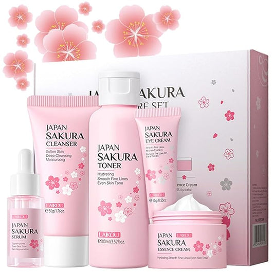 Sakura Skincare Gift Set, Skin Care Travel Kit with Cleanser, Toner, Serum, Eye Cream, Face Cream for Women Girls (5pcs)-VivaGrace Women
