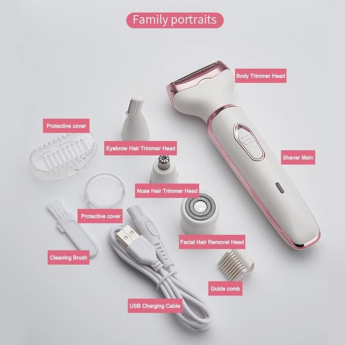 Bikini Trimmer for Women, Electric Razor Hair Shaver for Face Nose Eyebrow Beard Mustache Arm Leg Armpit Bikini, Replaceable Lady Facial Razor, Painless Rechargeable 4 in 1 Women Body Shaver for Trip-VivaGrace Women