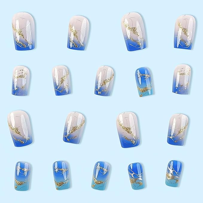 Medium Press on Nails Square Fake Nails with Glue Glossy Acrylic False Nails with Gold Glitter Designs Ice-Transparent Blue Gradient Glossy Artificial Nails Stick on Nails for Women 24Pcs