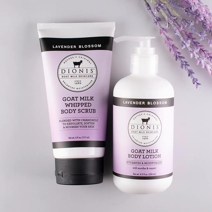 Dionis Goat Milk Skincare Lavender Scented Whipped Body Scrub & Lotion Gift Set - Gentle Chamomile Blended Exfoliating Sugar Scrub & Hydrating Body Cream Set, 6 oz & 8.5 oz-VivaGrace Women