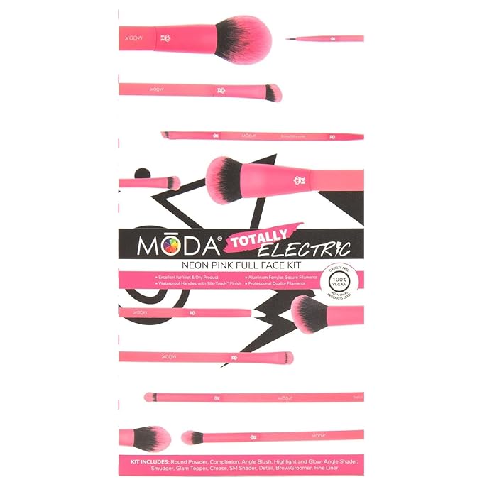MODA Totally Electric Neon Full Face Makeup Brush Kit – 13pc Vibrant Brush Set for Face & Eyes with Zip Case (Neon Pink)-VivaGrace Women
