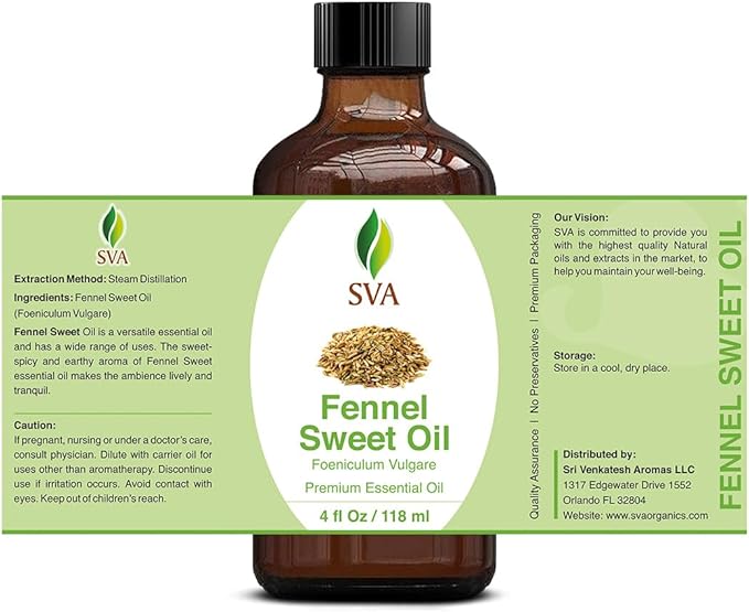 SVA Sweet Fennel Essential Oil – 4 Fl Oz – 100% Natural Fennel Oil - for Diffuser, Hair Care, Face, Skin Care, Aromatherapy, Scalp and Body Massage, Soap and Candle Making – with Dropper-VivaGrace Women