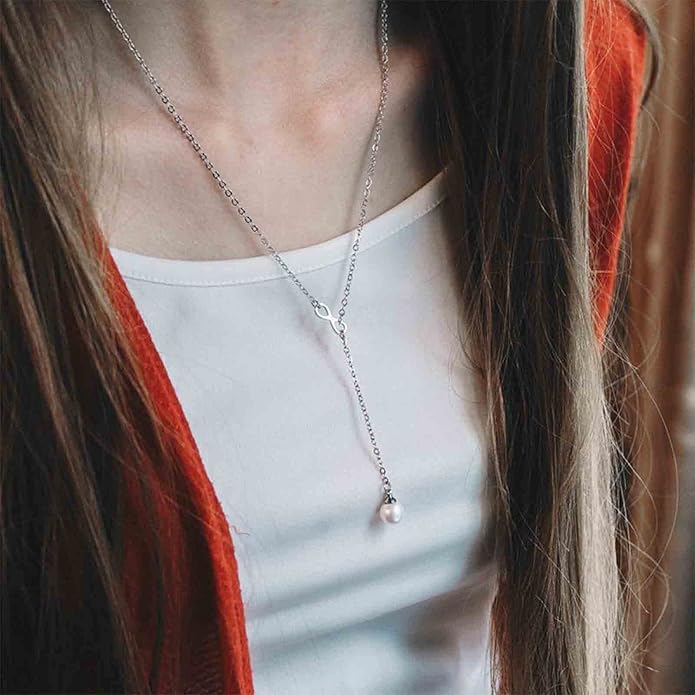 Boho Pearl Infinity Necklace Silver Y Pearl Necklace Minimalist Chain Y Lariat Necklace Chain Jewelry for Women and Girls-VivaGrace Women