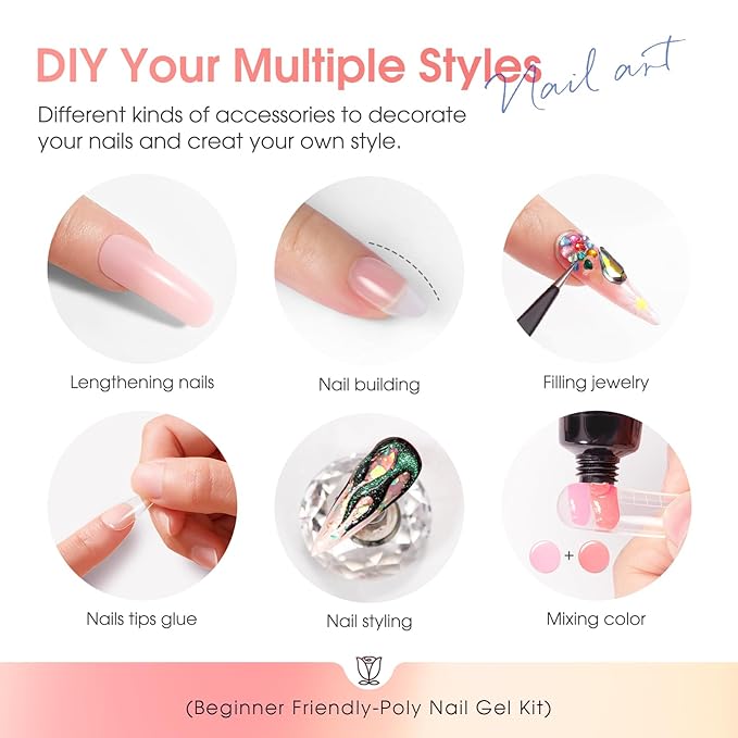 ROSALIND 28 Colors Poly Nail Gel Kit with Mini U V/LED Lamp White Nude Poly Nails Gel Kit Starter Kits With Slip Solution Pink Extensions Set for Nail Manicure Beginner-VivaGrace Women