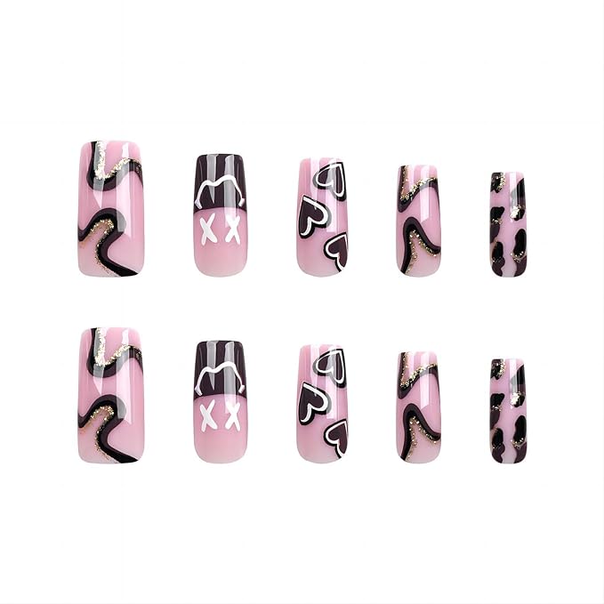 Square Press on Nails Medium Length Fake Nails with Glue Purple Acrylic False Nails with Brown Striped Love Heart Designs Glossy Gold Glitter Artificial Nails Fall Winter Stick on Nails 24Pcs