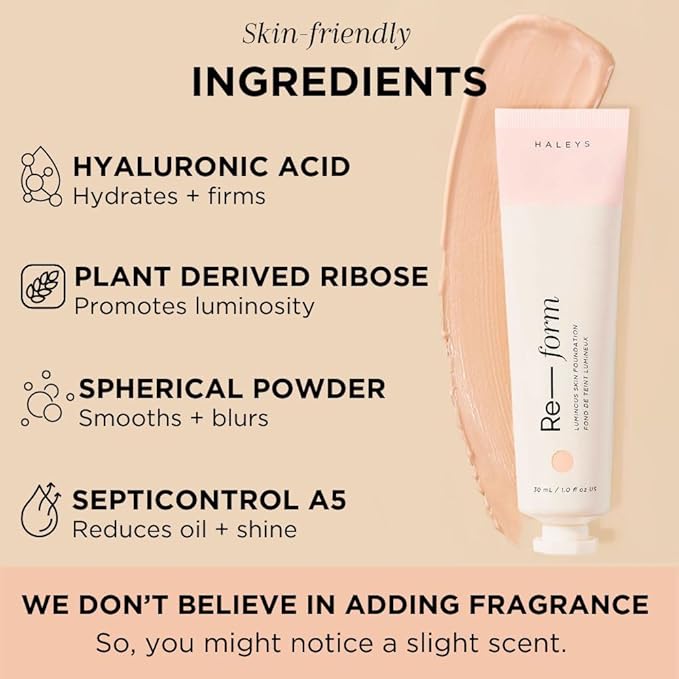 HALEYS Re-form Luminous Skin Foundation, VEGAN + CRUELTY-FREE, Blurs, Conceals, Blendable, Buildable Med-to-Full Coverage, Weightless, Oil-free, All-Day Wear, Hyaluronic Acid, All skin types (4.25)-VivaGrace Women