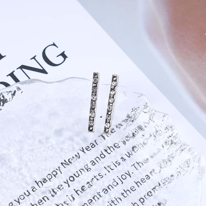 Geometric Crystal Bar Earrings Silver Cz Bar Stick Earrings Cz Rhinestone Bar Stud Earrings Silver Minimalist Earrings Jewelry for Women and Girls-VivaGrace Women