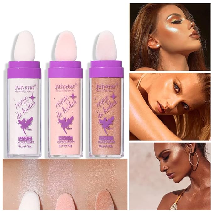 AKARY Shimmer Highlighter Powder, Fairy Polvo De Hadas Highlighter Powder & Blush Stick, Instant Glow Luminizer Duo, Glitter Body Face Hair High Gloss Stick, Sparkle Smudge-Proof Highlighter Stick Party Makeup (B1- #2)-VivaGrace Women