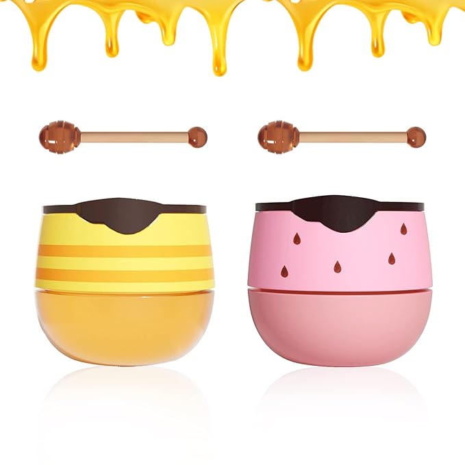 2PCS Bee Lip Balm Honey Pot,Honey Lip Balm With Honey Spoon,Honey Lip Mask Moisturizing Hydrating Prevents Dry and Chapped Lips,Lip Exfoliating Bee Lip Balm（Honey+Strawberry）-VivaGrace Women