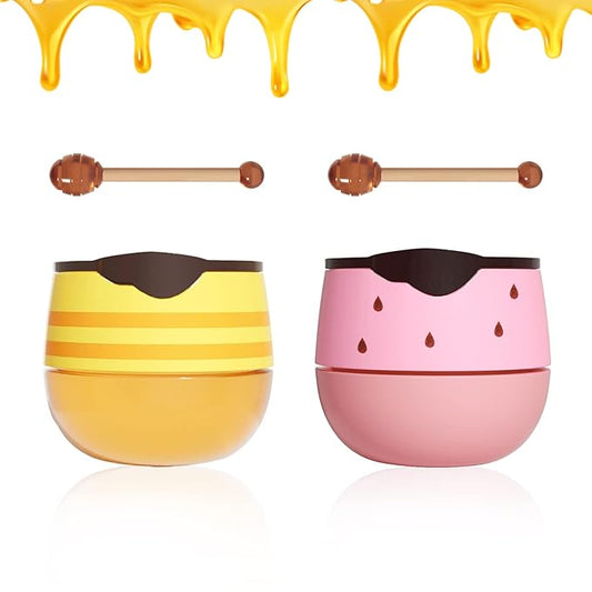 2PCS Bee Lip Balm Honey Pot,Honey Lip Balm With Honey Spoon,Honey Lip Mask Moisturizing Hydrating Prevents Dry and Chapped Lips,Lip Exfoliating Bee Lip Balm（Honey+Strawberry）-VivaGrace Women