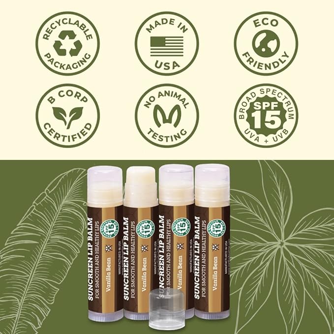 SPF Lip Balm 4-Pack by Earth's Daughter - Lip Sunscreen, SPF 15, Organic Ingredients, Vanilla Flavor, Beeswax, Coconut Oil, Vitamin E - Hypoallergenic, Paraben Free, Gluten Free-VivaGrace Women