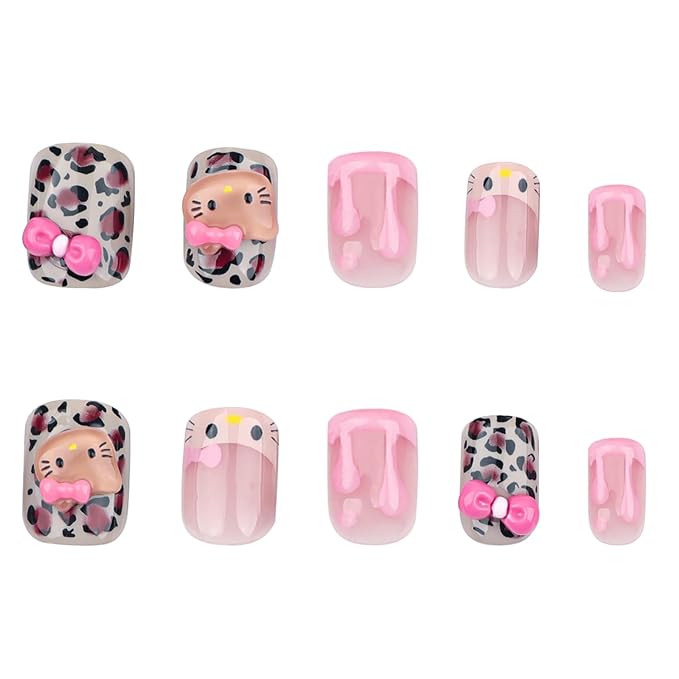 Cute Press on Nails Short Square Fake Nails with 3D French Cute Kawaii Design Leopard Pink Press ons Cartoon Nail Tip Artificial Acrylic Nail Cute False Nails for Women Girls Manicure 24Pcs