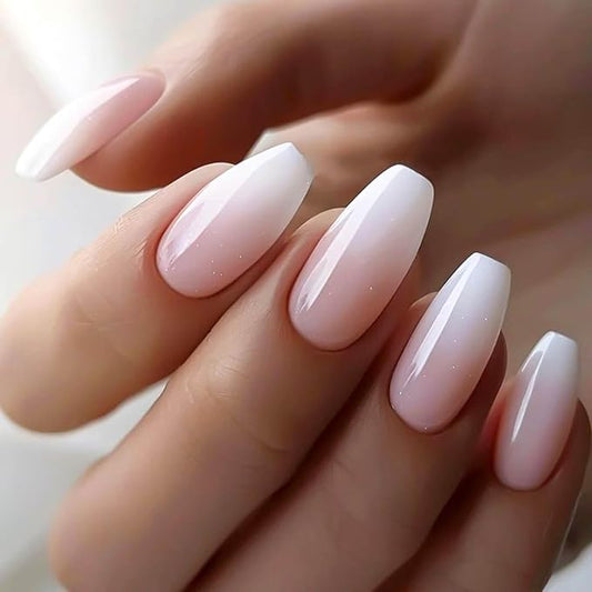 Coffin Press on Nails Medium Fake Nails Pink White Ombre False Nails with Designs Sparkly Artificial Nails Medium Glue on Nails Coffin Nail Press ons Cute Stick on Nails for Women 24Pcs