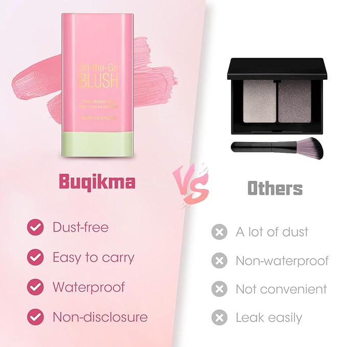 Buqikma Blush Stick Hydrated Solid 2PCS Blush Stick for Cheeks - Soft Cream Blush Stick Natural Matte Makeup Blush Stick Cream Blush Moisturizer Stick for Face,Lips and Eyes (Shy Pink+Orange)-VivaGrace Women