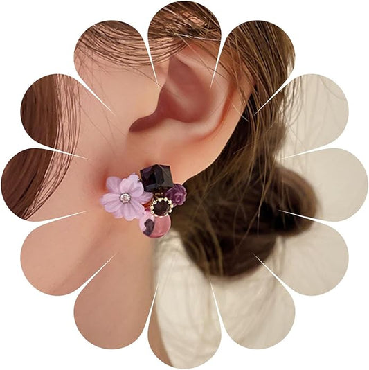 Boho Amethyst Flower Drop Earrings Vintage Purple Rhinestones Flora Petal Earrings Statement Purple Rose Studs Wedding Prom Geometric Crystal Flower Earrings Jewelry for Women-VivaGrace Women