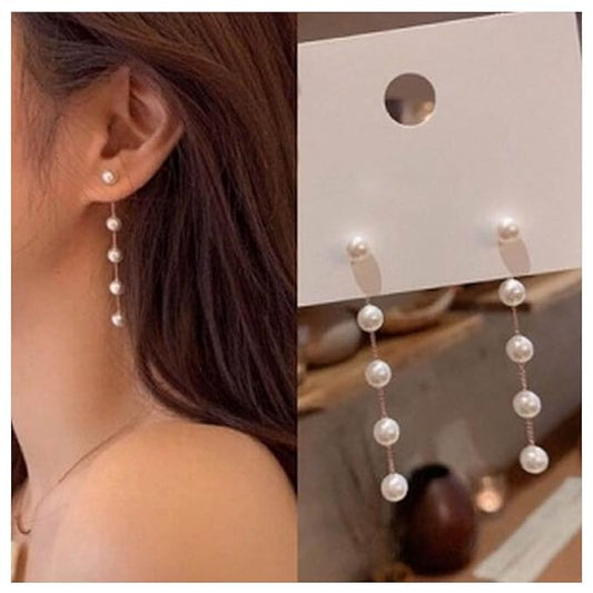 Boho Pearl Dangle Earrings Gold Pearl Drop Stud Earrings Long Pearl Tassel Earrings Vintage Pearl Linear Earrings Jewelry for Women and Girls-VivaGrace Women